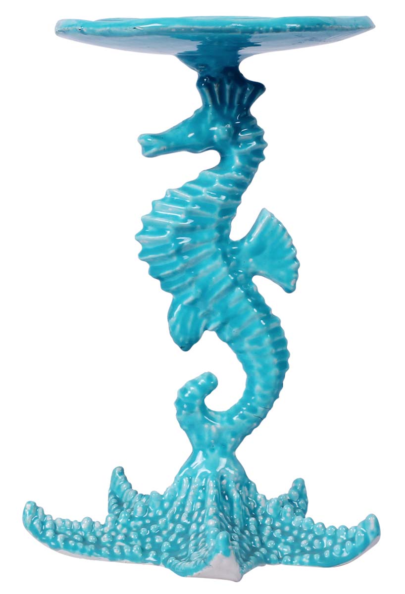 8.8” Medium Sea-Horse Candle-Stand in Aluminum - Sea-Blue - Hand-Crafted Home Decor from India - Buy in Bulk Wholesale